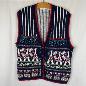 Heirlooms Handknit Vintage Europe Sweater Vest Cardigan Eiffel Tower Blue Size M